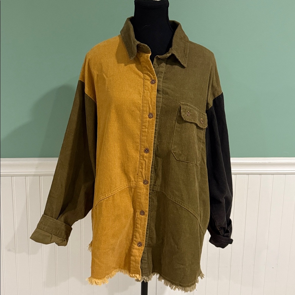 Umgee Oversized Olive and Mustard Color Block Corduroy Shirt
